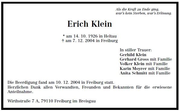 Klein Erich 1926-2004 Todesanzeige